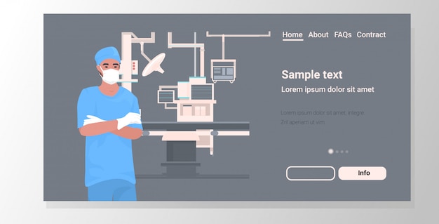 Homme médecin chirurgien portant un masque et des gants de protection hôpital travailleur de la clinique médicale en médecine uniforme concept de soins de santé moderne clinique chirurgie salle équipement portrait copie horizontale espace