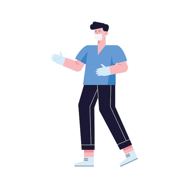 Homme médecin avec des gants médicaux et un masque sur fond blanc