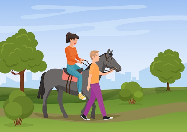 Homme Menant Le Cheval Avec La Femme à Cheval Sur Elle Illustration Vectorielle.