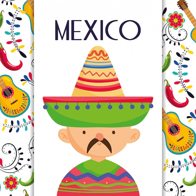 Homme Mexicain Avec Chapeau Et Poncho Mexico événement Traditionnel Décoration Carte Vecteur Carte