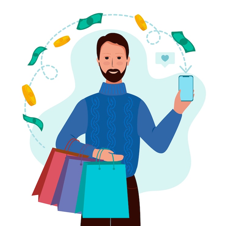 Vecteur un homme mignon en vêtements d'hiver tient des smartphones et fait du shopping. l'argent des achats est reversé sur sa carte. notion de vecteur de remise en argent.