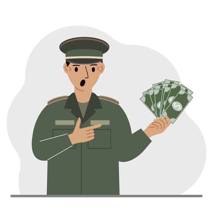 Vecteur l'homme militaire détient beaucoup d'argent dans sa main le concept de paiement pour le service militaire ou le service dans l'armée en vertu d'un contrat