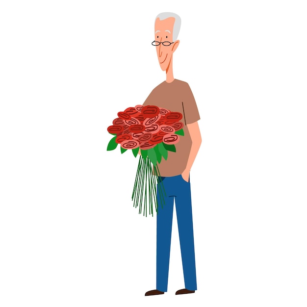 Un Homme Mince Aux Cheveux Gris Avec Des Fleurs à La Main. Illustration Vectorielle Dans Un Style Cartoon Plat.