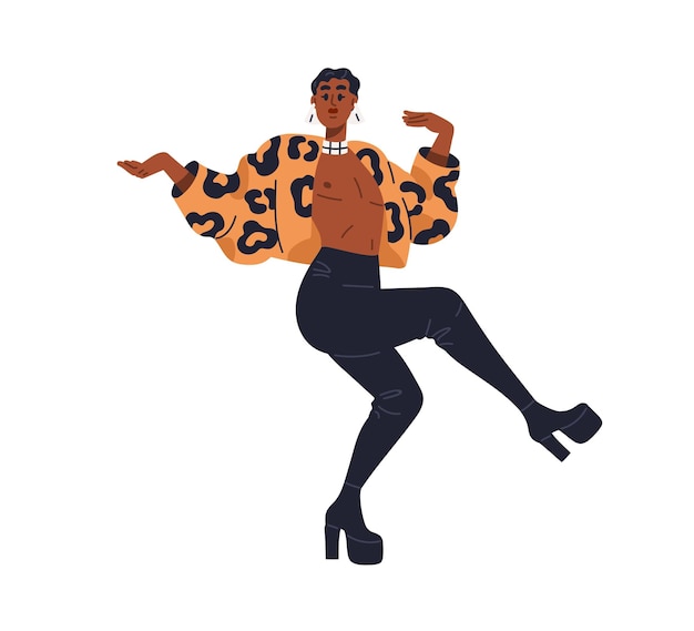 Vecteur homme de mode dansant dans le style de la vogue danseur contemporain pendant le défilé mains et jambes mouvements de performance performer sexy marche de chat illustration vectorielle graphique plate isolée sur fond blanc