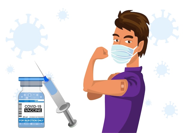 Homme montrant la distribution de vaccins par bras de vaccination contre le coronavirus pour la population générale Vecteur d'illustration de dessin animé de style plat