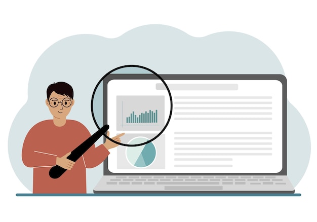 Un Homme Montre Un Rapport Une Présentation Sur Un Ordinateur Portable Avec Une Illustration Vectorielle De Loupe Concept De Planification D'audit D'analyse D'entreprise Financière