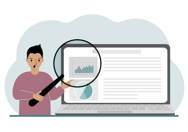 Un Homme Montre Un Rapport Une Présentation Sur Un Ordinateur Portable Avec Une Illustration Vectorielle De Loupe Concept De Planification D'audit D'analyse D'entreprise Financière