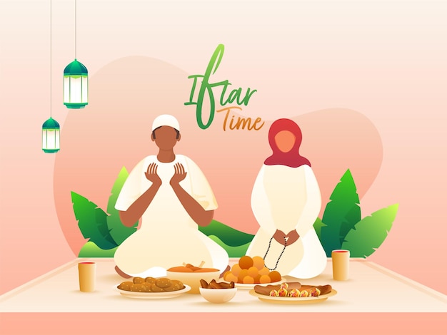 Vecteur homme musulman et femme priant avant la nourriture à l'occasion de la fête de l'iftar.