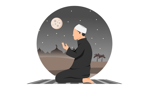 Vecteur un homme musulman priant la nuit avec une mosquée dans le désert en arrière-plan
