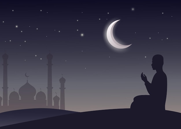 Homme musulman priant pendant la nuit
