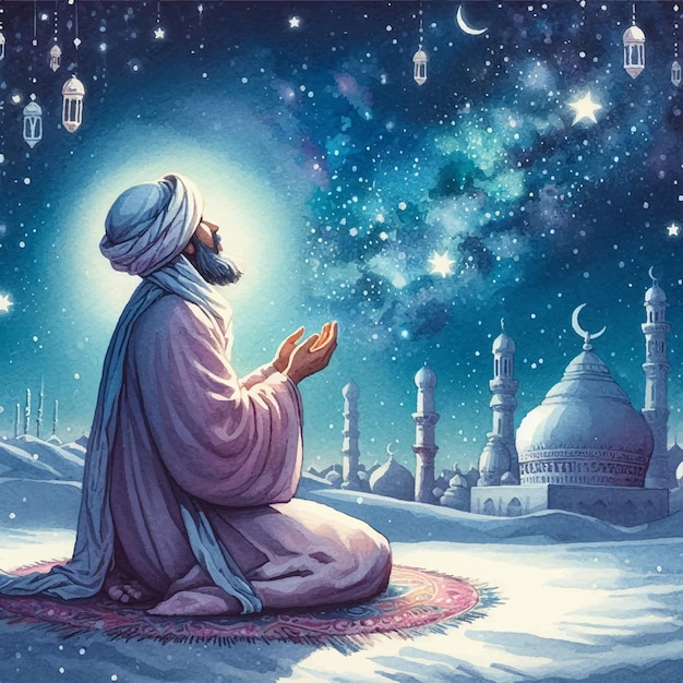 Vecteur un homme musulman prie dans le ciel étoilé à minuit en hiver