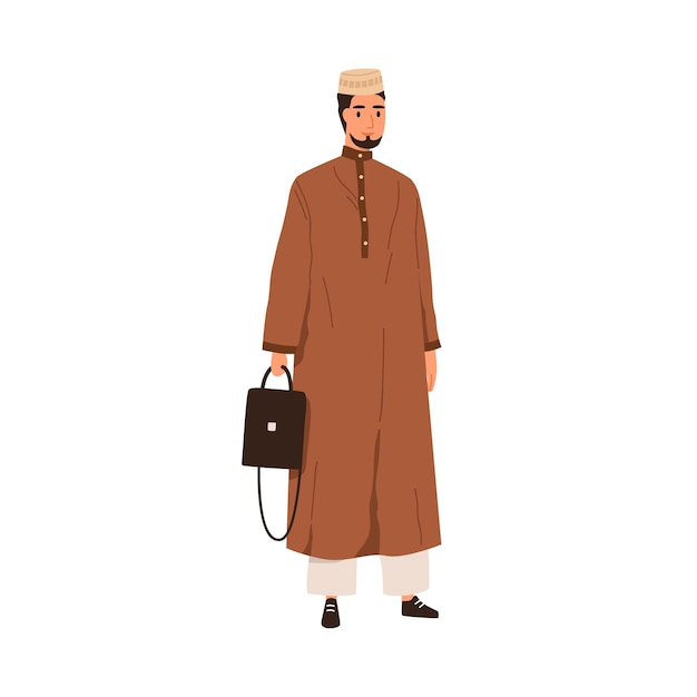 Vecteur homme musulman en tenue arabe traditionnelle, thobe et couvre-chef. personne saoudienne en vêtements orientaux, tunique et casquette. portrait humain du moyen-orient. illustration vectorielle plane isolée sur fond blanc.
