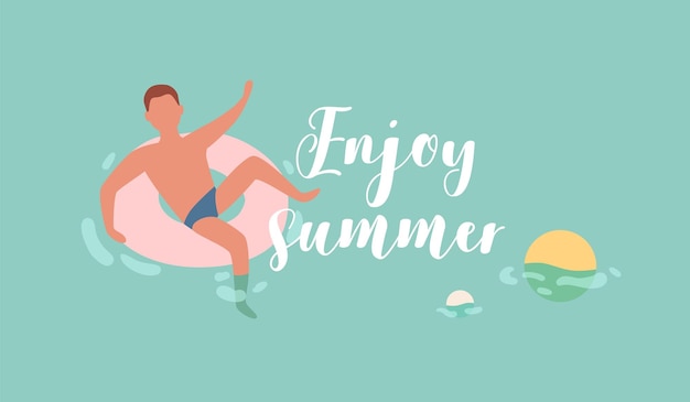 Homme nageant et flottant dans un anneau gonflable en mer pendant les vacances d'été. Bannière horizontale avec une personne relaxante prenant un bain de soleil dans l'eau. Illustration vectorielle plane colorée d'un gars dans la piscine en profitant de l'été.