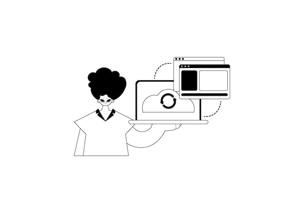 L'homme avec le navigateur qui synchronise le thème de l'entrepôt de données Cloud Art noir et cendré style tendance Illustration vectorielle