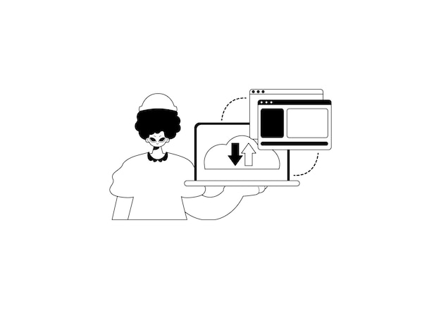 L'homme avec le navigateur qui synchronise le thème de l'entrepôt de données Cloud noir et cendré trace illustration style tendance Illustration vectorielle