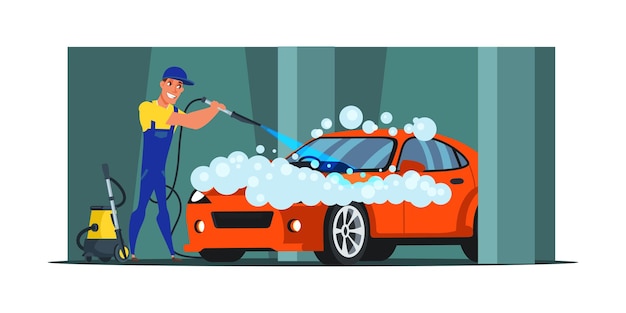 homme, nettoyage, luxe, voiture rouge