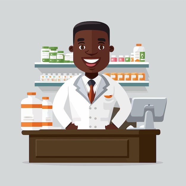 Un homme noir adulte travaillant un pharmacien avec une étagère de médicaments en pharmacie en arrière-plan