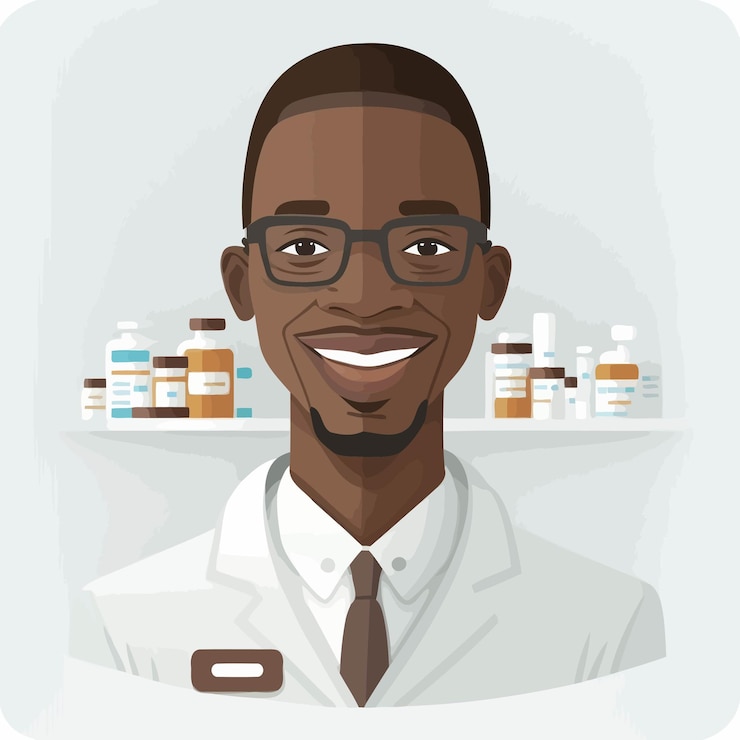 Un homme noir adulte travaillant un pharmacien avec une étagère de médicaments en pharmacie en arrière-plan