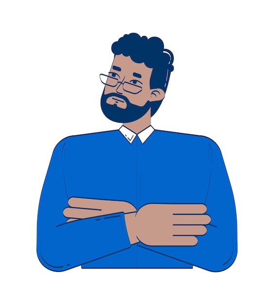 Homme noir barbu réfléchi avec des lunettes, les bras croisés, personnage de griffon 2D.