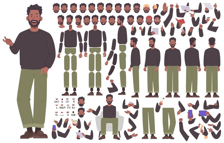 Vecteur un homme noir constructeur un jeune homme décontracté définir les positions du corps les bras les jambes la tête l'animation diy_ai_générée