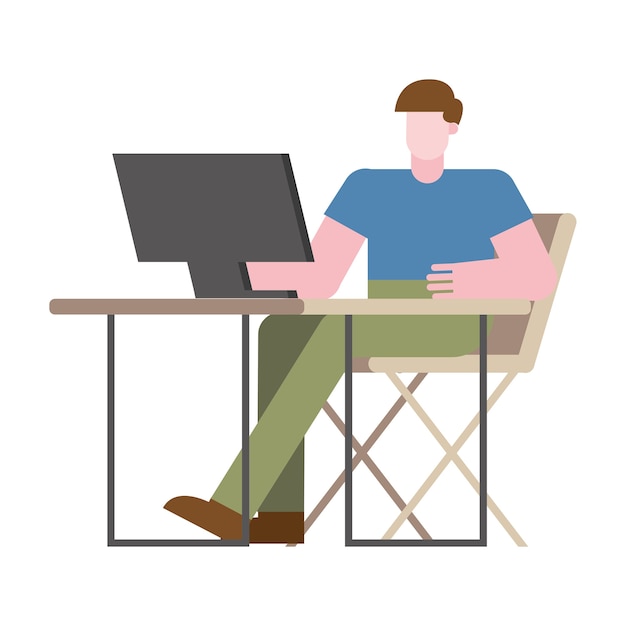 Vecteur homme avec ordinateur au bureau travaillant à partir de la conception de la maison du thème du télétravail illustration vectorielle