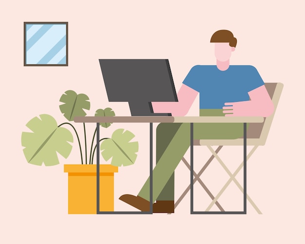 Homme Avec Ordinateur Travaillant Au Bureau De La Conception De La Maison Du Thème Du Télétravail Illustration Vectorielle