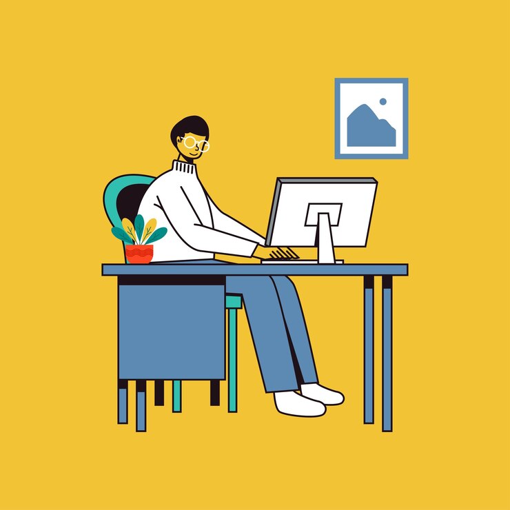 Vecteur homme avec ordinateur travaillant à la maison illustration vectorielle design plat