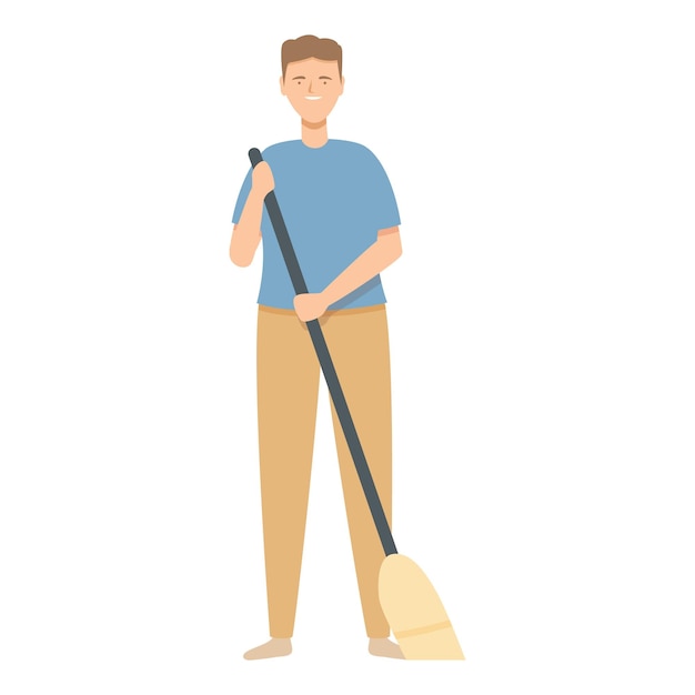 Vecteur homme avec un outil de nettoyage à balai icône vecteur de dessin animé équipement de ménage intérieur activité d'entretien ménager