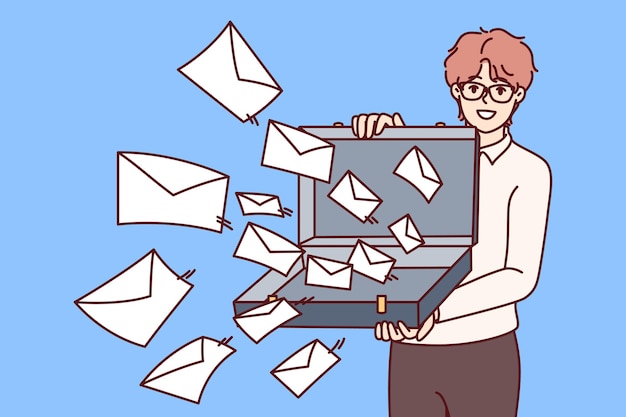 L'homme Ouvre Le Boîtier Avec Des Lettres Symbolisant Les Listes De Diffusion Et Les Alertes Commerciales Avec Des Offres Commerciales Guy Se Tient Avec Une Valise Remplie D'enveloppes Et De Lettres Pour Le Concept De Spam Ennuyeux