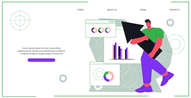Homme De Page De Site Web D'études De Marché Et D'analyse Tenant Un Vecteur De Flèche De Curseur