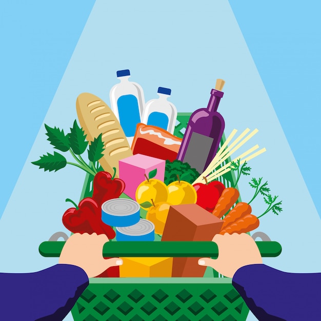 Homme, à, panier, et, nourriture, approvisionnements