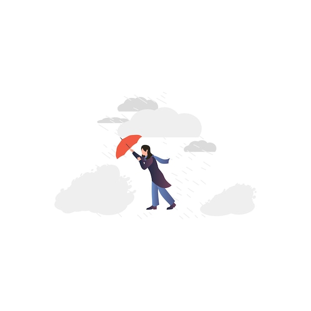 Un homme avec un parapluie marche dans les nuages.