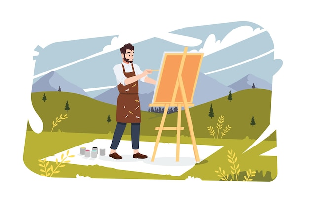 Vecteur homme peignant sur toile dans un champ avec fond de montagne et de colline