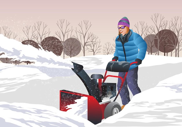 Vecteur un homme pellette de la neige devant un paysage enneigé.