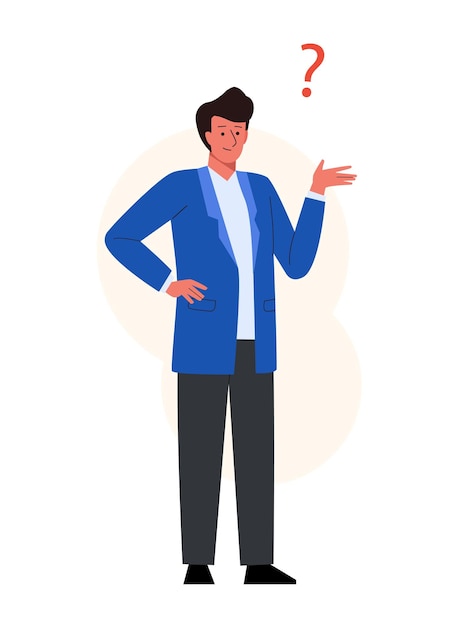 Homme pensant avec point d'interrogation Conception de personnages masculins en demandant pose Illustration vectorielle dans un style plat