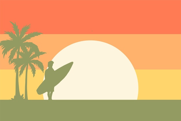 Un Homme Avec Une Planche De Surf. Illustration Vectorielle De Paysage Coucher De Soleil Sur La Plage Tropicale