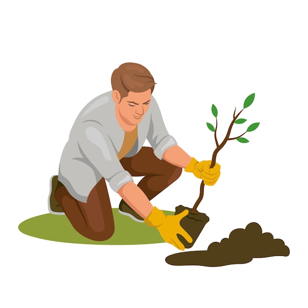 Homme plantant un jeune arbre avec des gants sur l'illustration de Vector