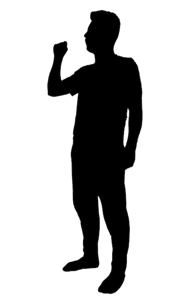 Homme un poing dans la silhouette de vecteur d'air isolé sur fond blanc sentiment de victoire rempli de noir