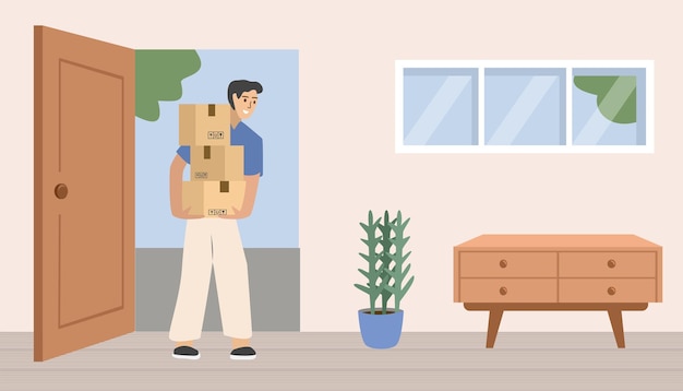 un homme portant des boîtes avec une maison en arrière-plan