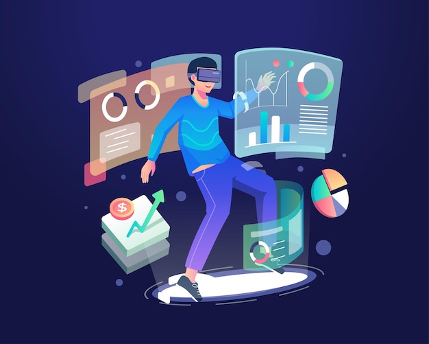 Un homme portant un casque VR interagit avec des graphiques de données et un écran d'analyse dans l'illustration du cyberespace