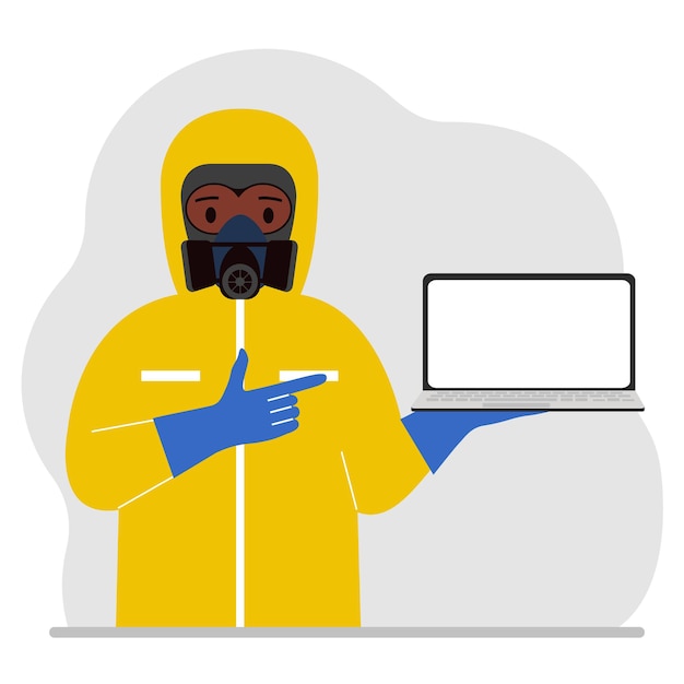 Vecteur un homme portant une combinaison de radioprotection jaune et un casque avec un respirateur, un uniforme de sécurité chimique ou biologique. peut contenir un ordinateur portable. vecteur