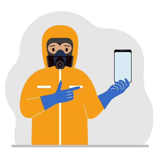 Vecteur un homme portant une combinaison de radioprotection jaune et un casque avec un respirateur, un uniforme de sécurité chimique ou biologique. tient un téléphone. illustration vectorielle plate.