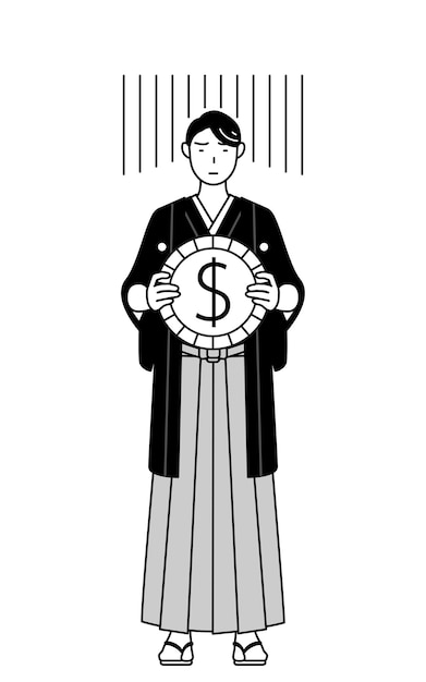 Vecteur homme portant un hakama avec une image de perte de change ou de dépréciation du dollar