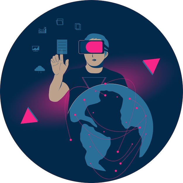 Vecteur un homme portant des lunettes virtuelles se trouve dans le métaverse échange de données des technologies futures dans l'espace virtuel