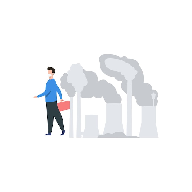 Vecteur un homme portant un masque et un chandail bleu s'éloigne d'une usine avec des cheminées de fumée en arrière-plan.