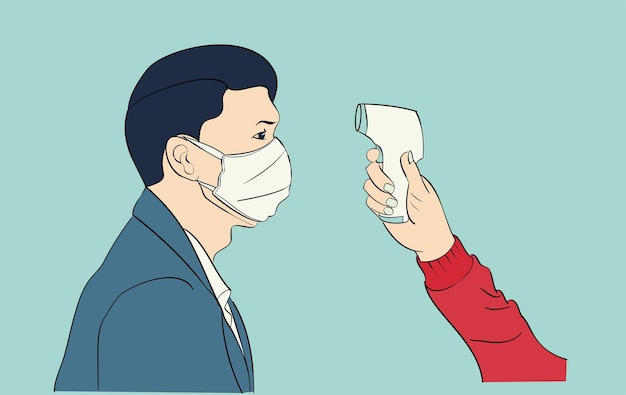 L'homme portant un masque est contrôlé pour sa température.
