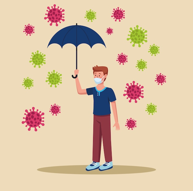 Homme Portant Un Masque Médical Avec Illustration De Parapluie Et De Particules