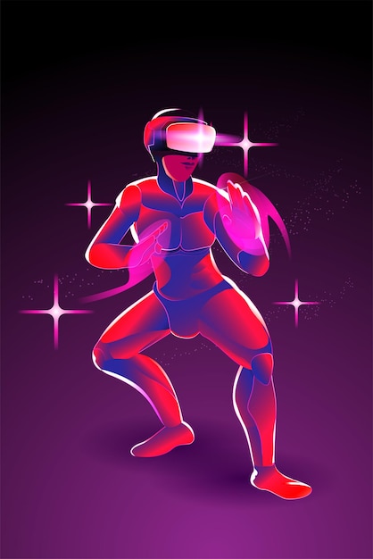 L'homme posant se prépare à se battre, en portant une machine de réalité virtuelle (VR), imagination pour combattre quelqu'un dans le monde numérique, tai chi, kung fu, karaté, taekwondo, jujutsu, illustration vectorielle en violet.