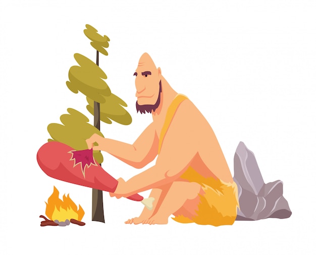 Homme primitif de l'âge de pierre en fourrure de peau d'animal faisant cuire de la viande sur le feu. Illustration vectorielle style plat isolé