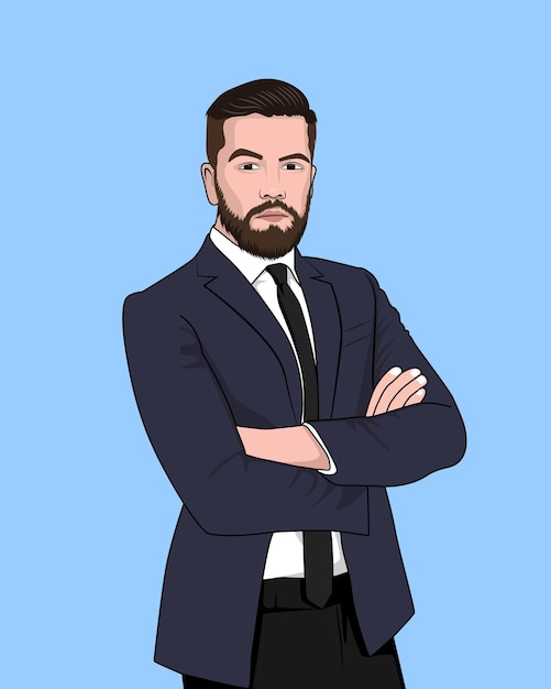 Homme Professionnel De Barbe D'entreprise Confiant Avec Un Costume Noir Et Une Illustration De Vecteur De Dessin Animé De Cravate